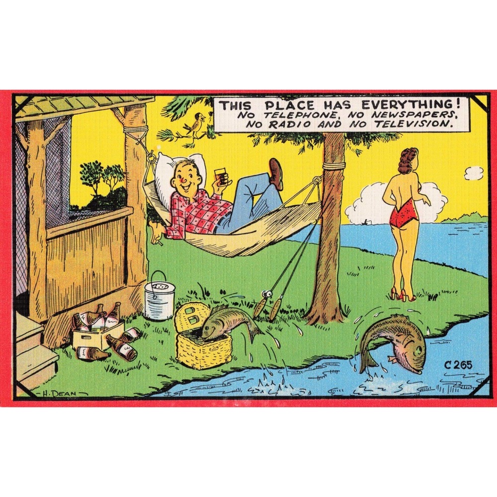 Comic Risque Bathing Beauty Linen Postcard H Dean C 265 Fishing Cabin Humor